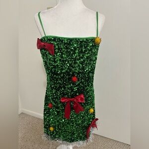 Eyeshadow Green Sequin Dress with Red Accents